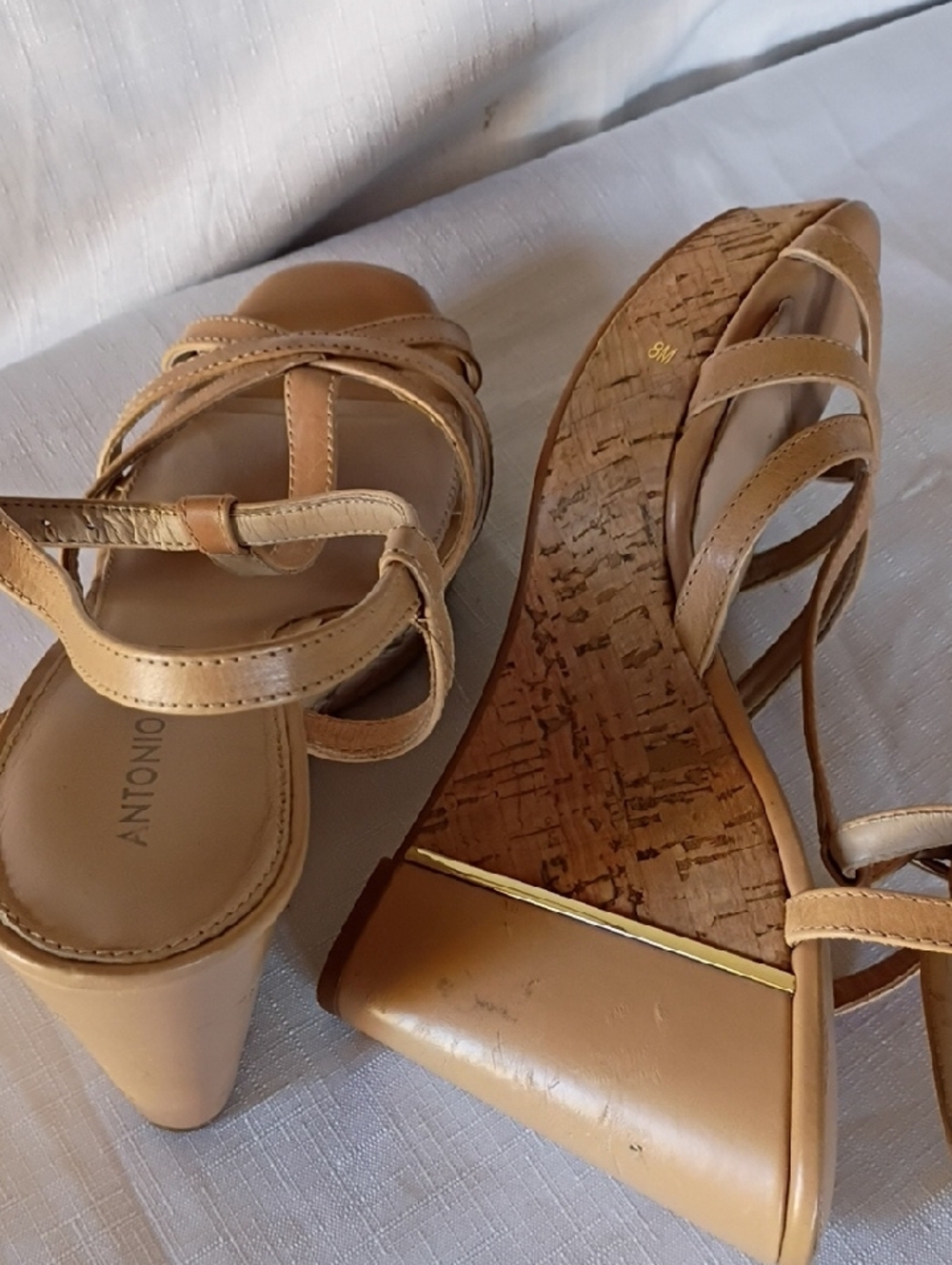 ANTONIO MELANI Beige Tan Strappy Cork Wedge Sandals - Picture 3 of 10